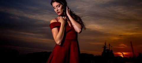 Model on Wilmington NC waterfront at dusk
